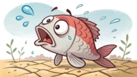 물 밖에 나와 어색하게 있는 물고기 그림, 영어 관용구 'like a fish out of water'를 시각적으로 표현.