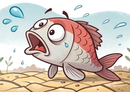 물 밖에 나와 어색하게 있는 물고기 그림, 영어 관용구 'like a fish out of water'를 시각적으로 표현.