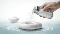 영어 표현 'take with a grain of salt'의 의미인 회의적인 태도를 상징하는 소금통과 물음표 말풍선 그림