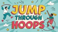 팝아트 스타일로 영어 관용구 'Jump through hoops'의 의미와 활용법을 설명하는 이미지.