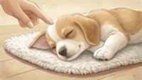 잠자는 개 옆에서 조용히 하라는 손짓을 하는 모습의 일러스트, 'Let sleeping dogs lie' 영어 관용구 배우기 썸네일