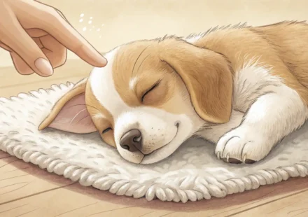 잠자는 개 옆에서 조용히 하라는 손짓을 하는 모습의 일러스트, 'Let sleeping dogs lie' 영어 관용구 배우기 썸네일