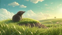 작은 두더지 둔덕이 거대한 산 그림자를 드리우며 영어 관용구 'make a mountain out of a molehill' (침소봉대)을 시각적으로 표현하는 이미지.