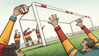 축구 골대가 경기 도중 옮겨지는 모습을 표현한 그림, 영어 관용구 'move the goalposts'의 의미인 불공평한 규칙 변경을 상징함.