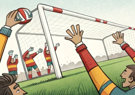 축구 골대가 경기 도중 옮겨지는 모습을 표현한 그림, 영어 관용구 'move the goalposts'의 의미인 불공평한 규칙 변경을 상징함.