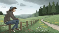 울타리에 앉아 고민하는 캐릭터 디지털 일러스트, 'Sit on the fence' 등 중립적인 태도를 나타내는 영어 표현 학습.