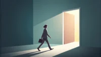열린 문을 통해 밝은 방 안으로 들어가는 사람 그림, 'in'과 'inside' 영어 전치사 차이 및 내부 이동 표현 학습 상징
