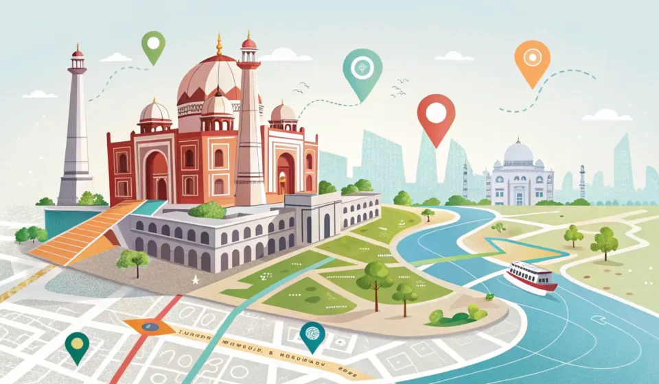 지도 위 핀과 방향 표시 아이콘으로 위치 관련 영어 표현 학습을 상징하는 이미지