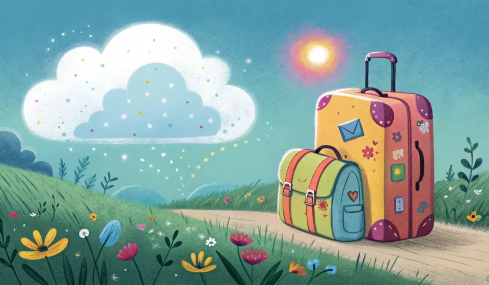 여행 가방과 배낭 위에 빈 말풍선 아이콘이 떠 있어, 짐 관련 영어 표현 학습을 나타내는 이미지