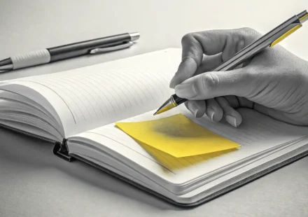 메모 관련 영어 표현 배우기: 노트와 펜으로 메모하는 손 클로즈업 이미지