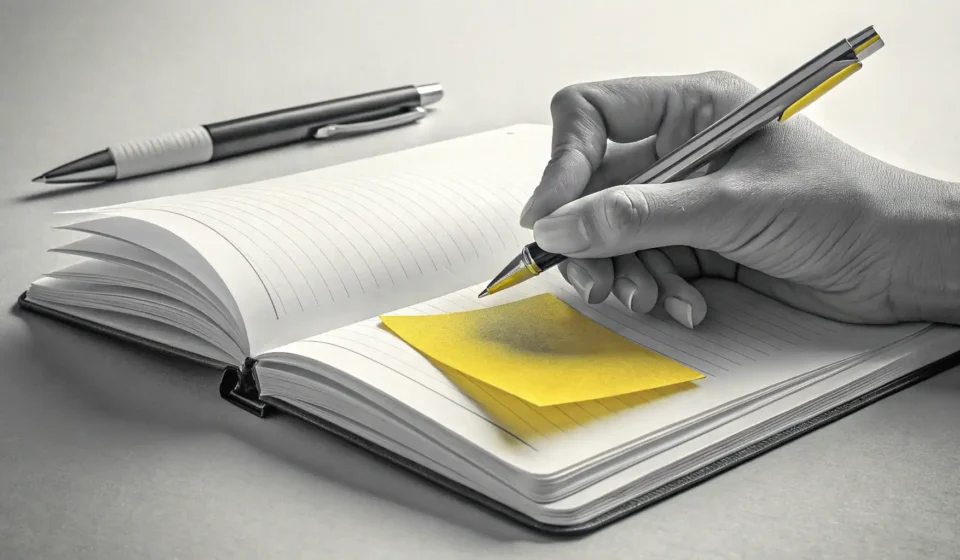 메모 관련 영어 표현 배우기: 노트와 펜으로 메모하는 손 클로즈업 이미지