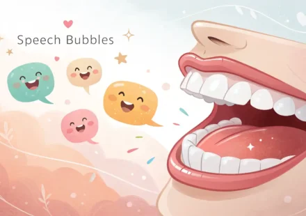 입 모양과 영어 학습 관련 아이콘 (빈 말풍선, 전구)이 있는 밝은 일러스트, 입 관련 영어 표현 학습 콘텐츠 썸네일
