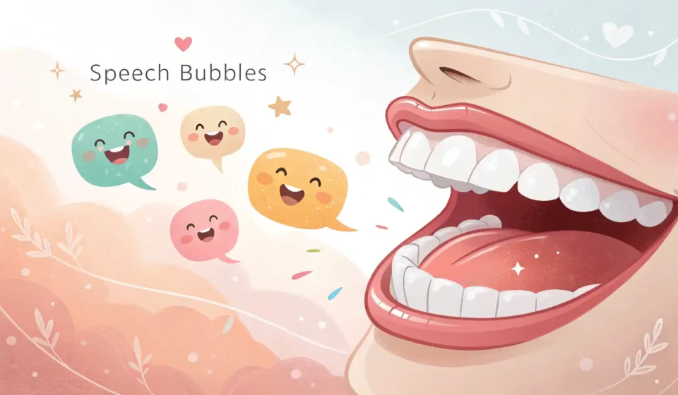 입 모양과 영어 학습 관련 아이콘 (빈 말풍선, 전구)이 있는 밝은 일러스트, 입 관련 영어 표현 학습 콘텐츠 썸네일