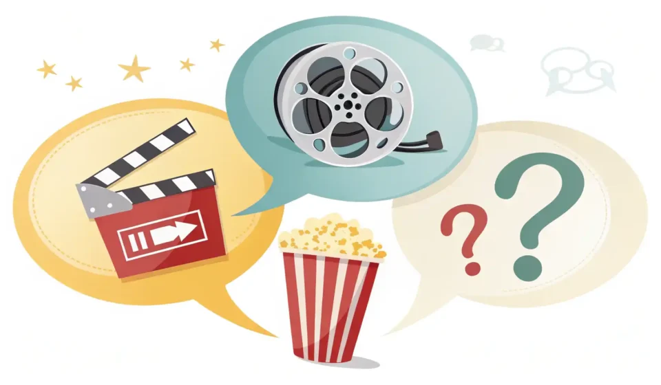 영화 영어 표현 학습을 상징하는 말풍선, 영화 아이콘, 전구 일러스트 썸네일