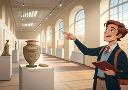 박물관 가이드가 전시품을 설명하며 영어 대화를 나누는 모습을 상징하는 이미지