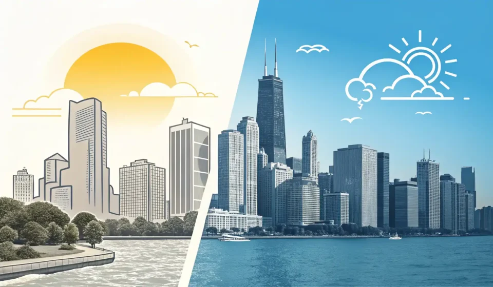 도시와 시골 풍경 아이콘이 반대로 나뉘어 'Conversely'와 'Inversely' 같은 반대/대조 영어 표현의 차이를 시각적으로 나타내는 이미지