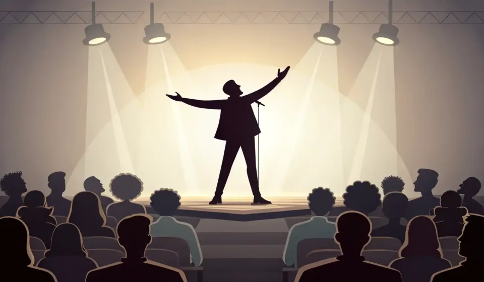 무대 위에서 청중을 향해 자신감 있게 발표하는 사람 실루엣과 배경의 차트 그래픽, 성공적인 영어 발표를 상징하는 이미지