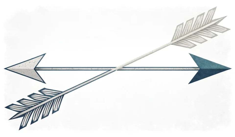 하나의 목표(靶)를 향해 나아가는 두 개의 미묘하게 다른 화살표 이미지, 영어 목적 표현 'in order to'와 'so as to'의 차이와 선택을 상징함.