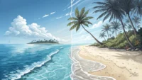 잔잔한 바다(Sea)와 넓은 대양(Ocean) 이미지를 비교하며 영어 단어 차이를 배우는 것을 나타내는 그림