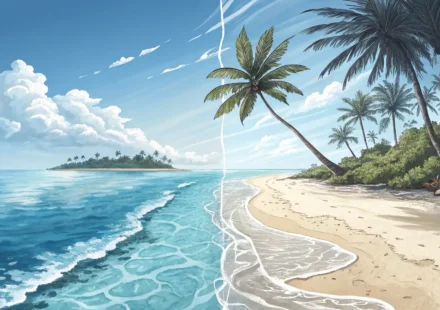 잔잔한 바다(Sea)와 넓은 대양(Ocean) 이미지를 비교하며 영어 단어 차이를 배우는 것을 나타내는 그림
