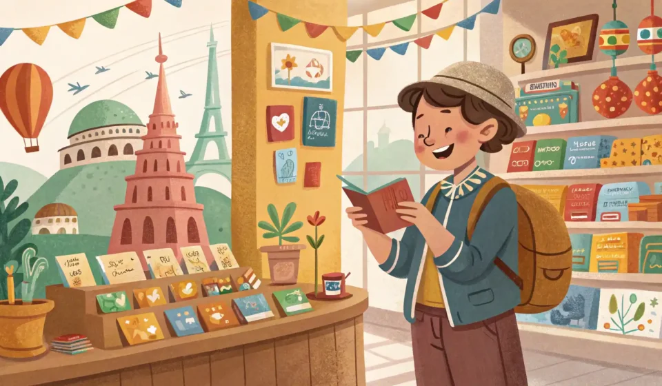 여행 기념품 가게에서 영어 표현을 사용하여 쇼핑하는 방법을 배우는 것을 상징하는 이미지