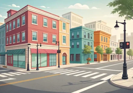 거리에서 길을 묻고 답하는 영어 표현 학습을 상징하는 교차로와 말풍선 아이콘 이미지