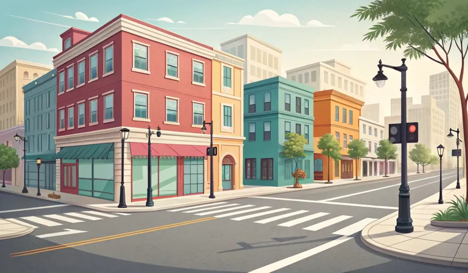 거리에서 길을 묻고 답하는 영어 표현 학습을 상징하는 교차로와 말풍선 아이콘 이미지