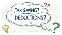 세금 관련 영어 단어 'Tax Saving', 'Deductions', 'Credits'가 적힌 말풍선과 동전, 계산기 아이콘이 있는 이미지, 절세 관련 영어 표현 학습 콘텐츠임을...