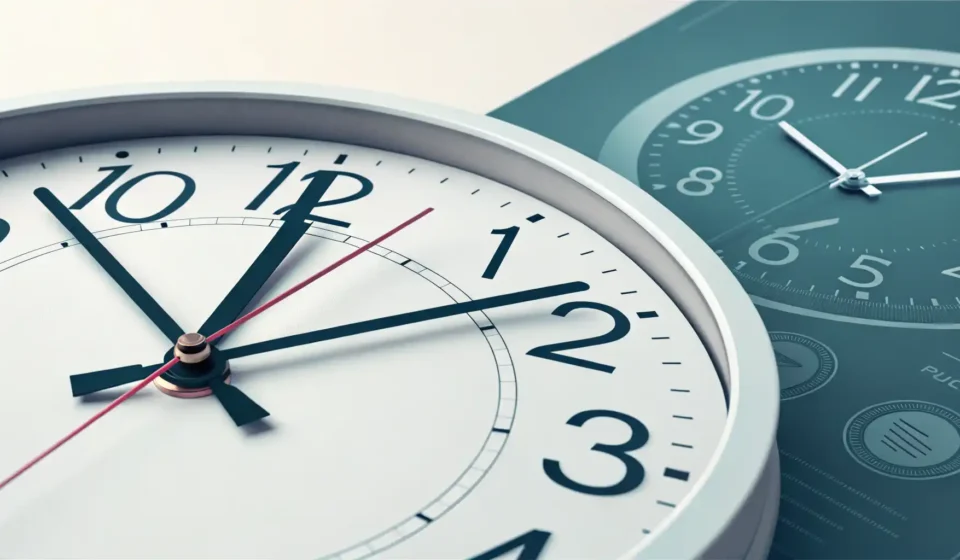 영어 시간 표현 'At'과 'By'의 차이를 정확한 시각을 나타내는 시계와 마감 기한을 나타내는 달력으로 시각화한 이미지.