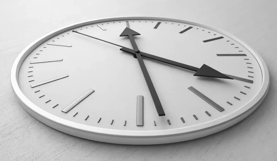 시간 표현 전치사 'in'과 'within'의 의미 차이를 나타내는 분할된 시계 그래픽.