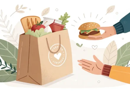 식당 카운터에서 음식 포장 가방을 건네받는 손과 말풍선 아이콘 일러스트