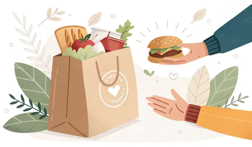 식당 카운터에서 음식 포장 가방을 건네받는 손과 말풍선 아이콘 일러스트