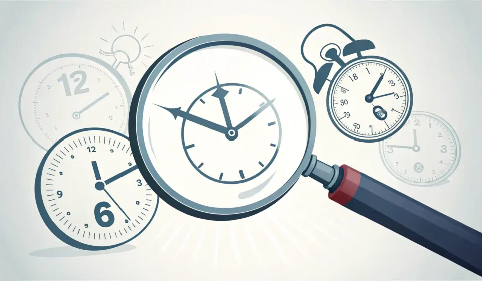 돋보기로 'Up until then'과 'Until that point' 영어 시간 표현의 미묘한 차이를 비교하는 그림