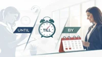시계와 달력 아이콘과 함께 영어 표현 Until, Till, By의 차이점을 비교 설명하는 교육용 그래픽 이미지