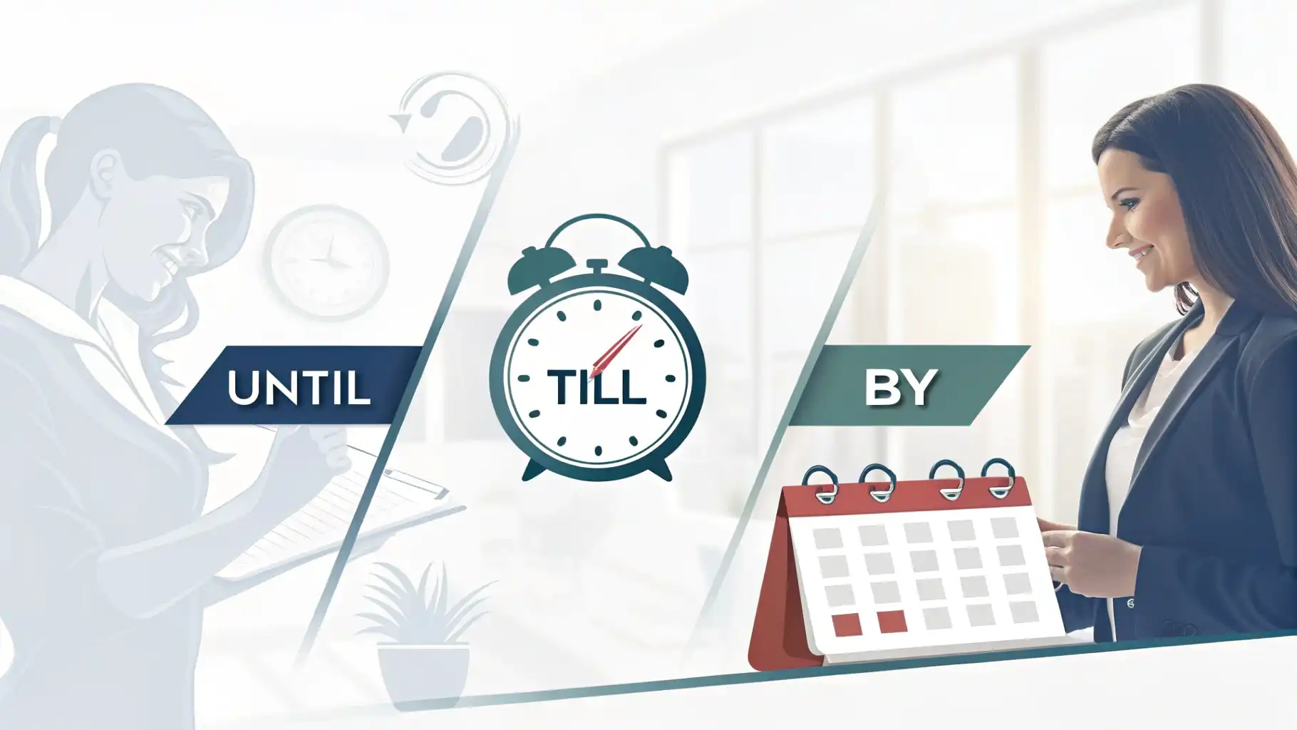 시계와 달력 아이콘과 함께 영어 표현 Until, Till, By의 차이점을 비교 설명하는 교육용 그래픽 이미지