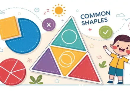정사각형, 직사각형, 원 등 다양한 도형 그림과 영어 학습을 나타내는 밝은 분위기의 이미지