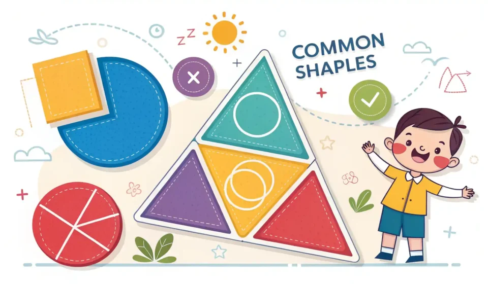 정사각형, 직사각형, 원 등 다양한 도형 그림과 영어 학습을 나타내는 밝은 분위기의 이미지