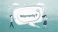 비싼 전자제품 구매 시 보증 관련 영어 표현 학습을 나타내는 이미지: 'Warranty?' 말풍선과 가전제품 아이콘.