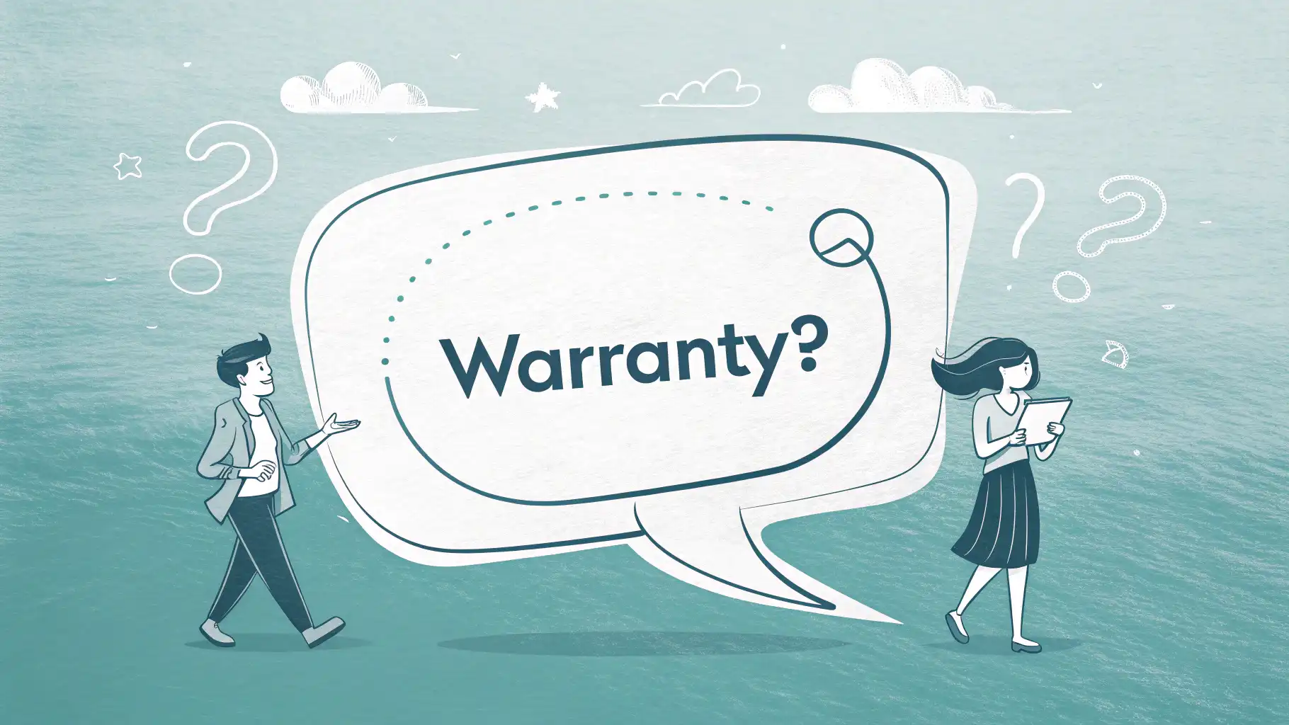 비싼 전자제품 구매 시 보증 관련 영어 표현 학습을 나타내는 이미지: 'Warranty?' 말풍선과 가전제품 아이콘.