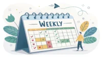 주간 캘린더 그래픽과 영어 학습 아이콘 이미지. 'Weekly'와 'Once a week' 영어 빈도 표현의 차이를 시각적으로 설명함.