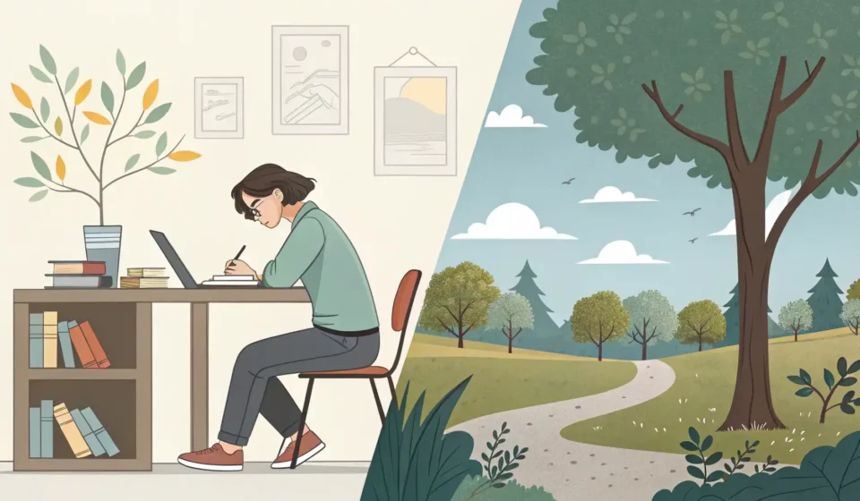 두 가지 활동(공부와 음악 감상)이 동시에 일어나는 모습을 보여주는 분할 화면 그림, 영어의 'While'과 'Meanwhile' 사용법 학습 관련 이미지.