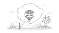생각 풍선 안에 'WISH' 글자와 시간 관련 아이콘이 있고 아래에 영어 문법책이 있는 라인 아트 그림.