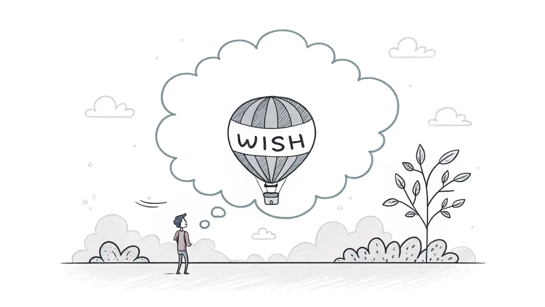 생각 풍선 안에 'WISH' 글자와 시간 관련 아이콘이 있고 아래에 영어 문법책이 있는 라인 아트 그림.