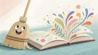 빗자루와 영어 단어 'Broom' 학습을 상징하는 깔끔한 일러스트레이션
