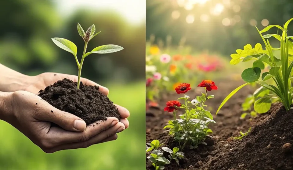 깨끗한 원예용 흙(soil)과 더러운 흙(dirt)을 비교하는 손 클로즈업 이미지, 영어 단어 학습 컨셉