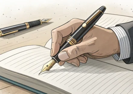 영어 글쓰기 표현 학습을 상징하는 펜과 노트 일러스트