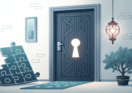 빛나는 열쇠 구멍이 있는 방탈출 문과 영국/미국 국기 패턴이 있는 말풍선 아이콘의 깔끔한 스타일 일러스트