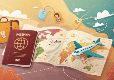 해외 여행 필수 영어 표현 학습을 상징하는 여권, 비행기, 다양한 상황 아이콘 말풍선 일러스트