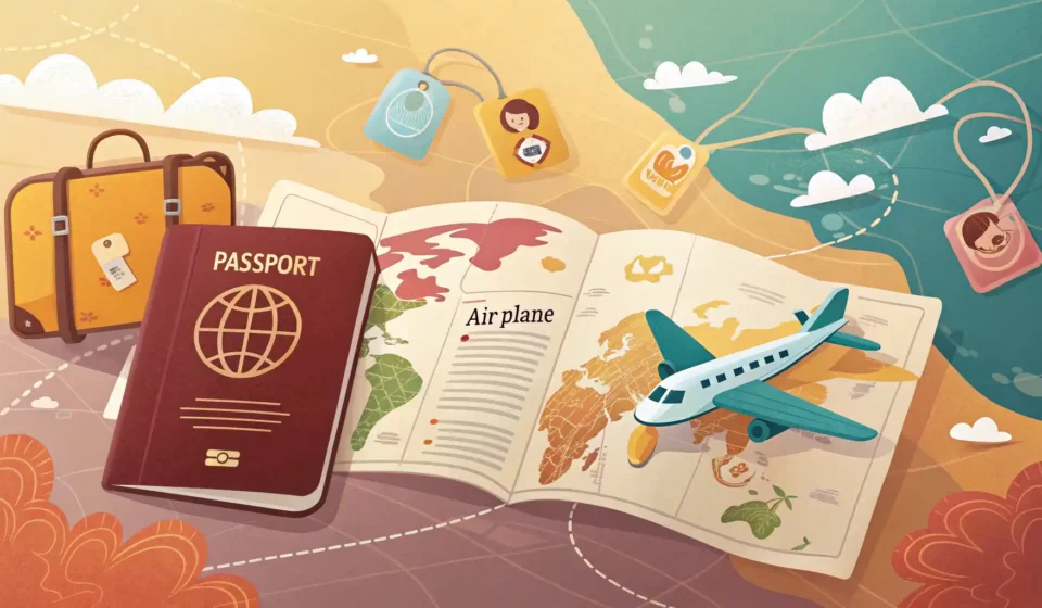 해외 여행 필수 영어 표현 학습을 상징하는 여권, 비행기, 다양한 상황 아이콘 말풍선 일러스트