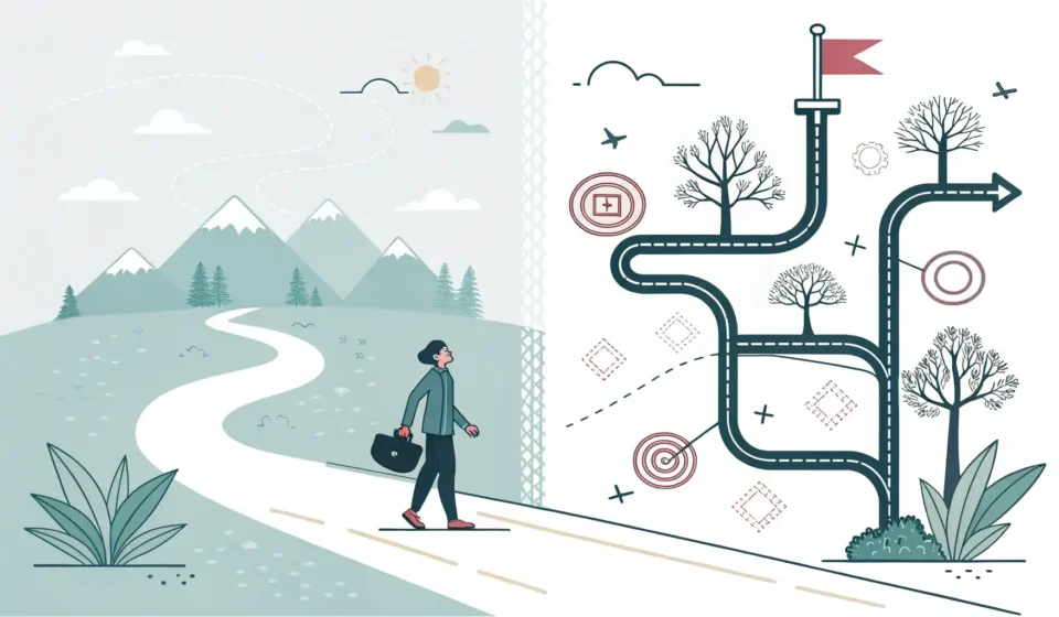 결국을 의미하는 영어 표현 Eventually와 In the end의 뉘앙스 차이를 시각적으로 나타내는 이미지: 과정의 길과 최종 결론 지점 비교.